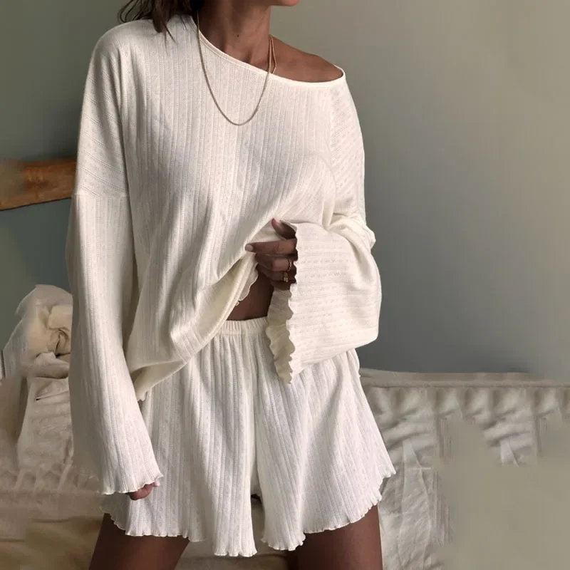 

2025 Autumn Women's Solid Pajamas Set Long Sleeve Top And Shorts Sleepwear 2 Piece Set For Female Casual Loose Breathe Homewear