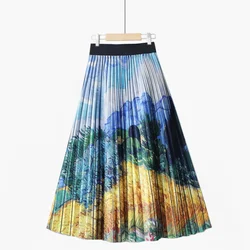 print map skirts women dot pleated skirts lady fashion  long satin skirts for women 3D print long skirt