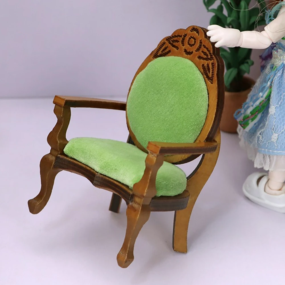 

1/12 Dollhouse Miniature Accessories Mini Wooden Green Vintage Chair Simulation Armchair Toy for Doll House Decoration OB11