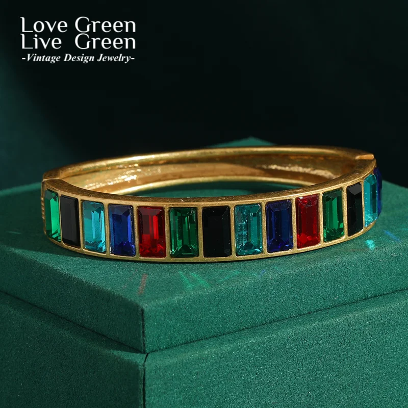 Vintage Colorful Crystal Bangle Bracelets For Women Square Green Blue Antique Gold Color Accessories Luxury Designers Jewelry