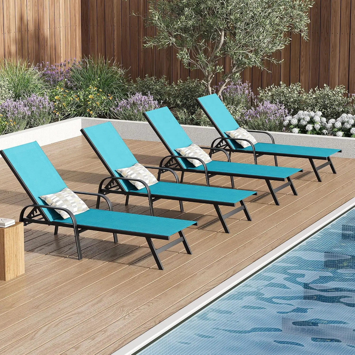 Outdoor Lounge Chair, Adjustable Patio Reclining Chaise with Textilene Fabric, Pool Lounge Chair with 5-Position Backrest