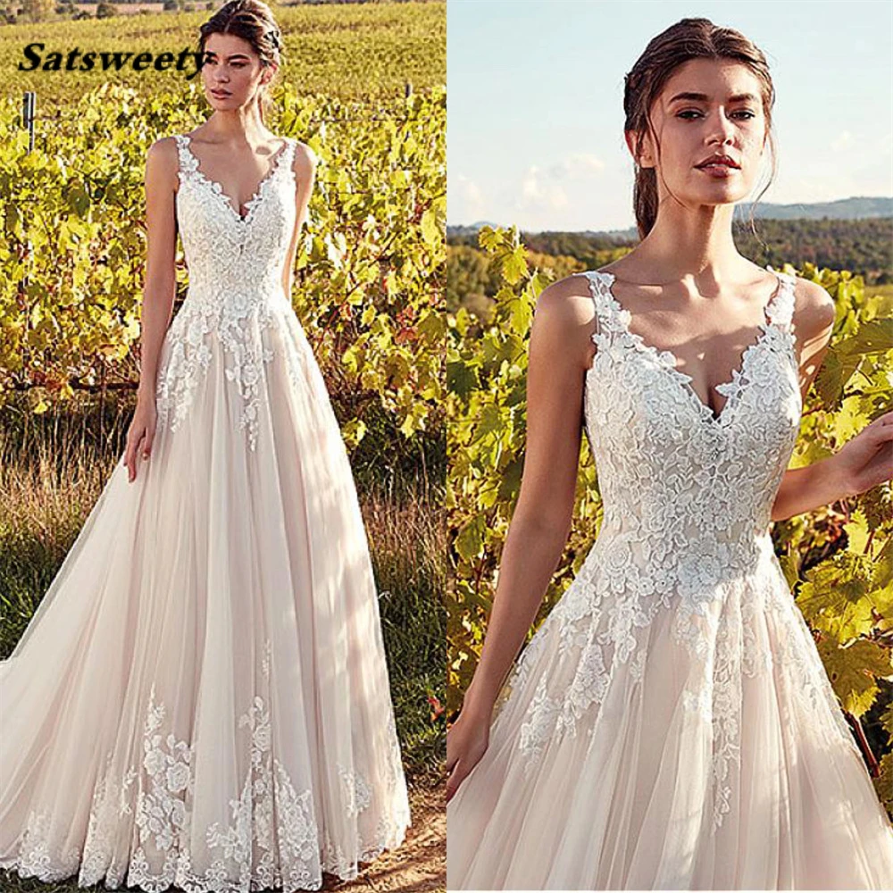 Elegant V-Neck Wedding Dresses For Women A-line Appliques Floor Length Bride Gowns Lace Backless Bridal Dress Vestidos De Noiva