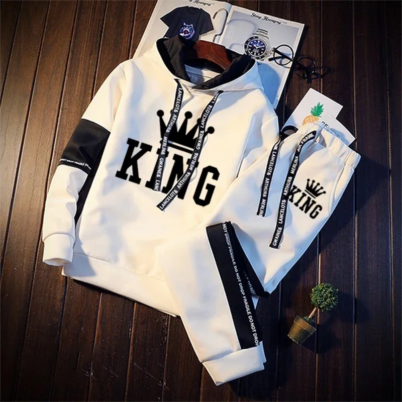 King Mens Tracksuit Casual Classic Black White Hooded Sweatshirt Sweatpants 2 Piece Set Jogging High Quality Fashion Print Suit