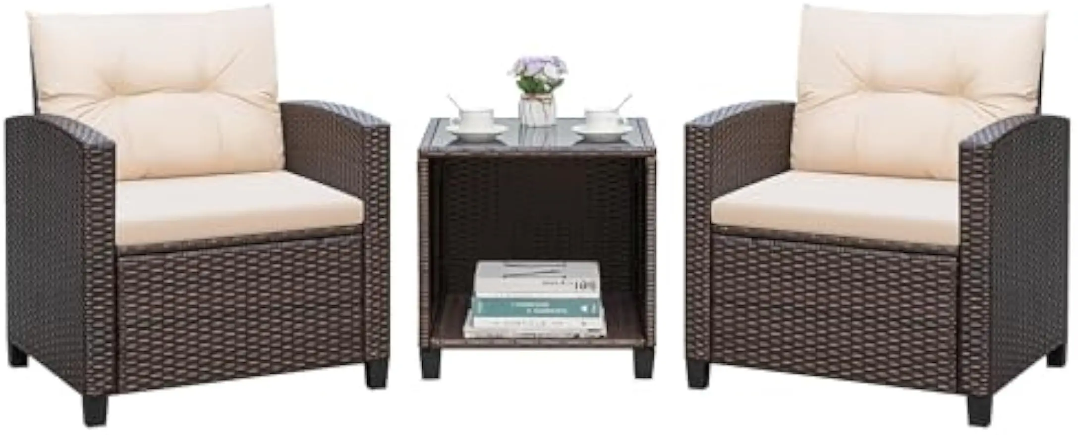

3 Pieces Patio Furniture Sets Outdoor PE Rattan Wicker Chairs With Soft Cushion And Glass Coffee Table For Garden Backya