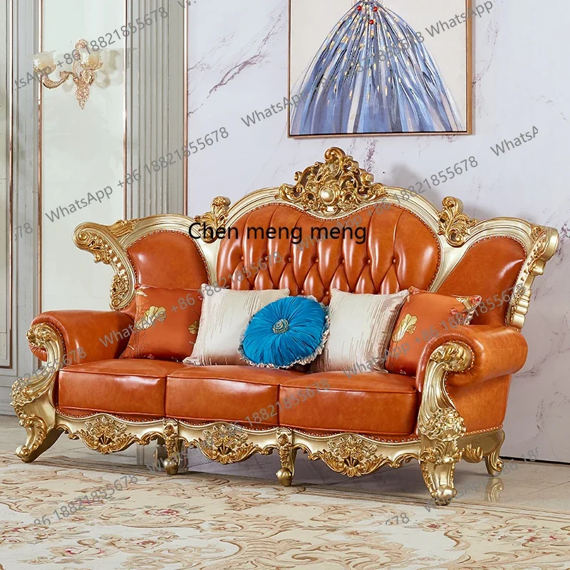 01A European leather sofa combination living room solid wood villa noble gold set luxury furniture