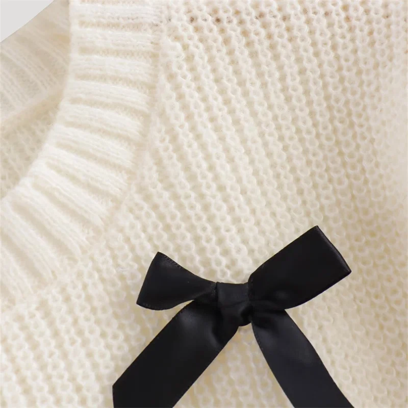 2024 New Summer Sweet Kawaii Bow Decoration Short Sleeve Knitted Top For Women Puff Sleeve Casual Pullover Crop Sweater