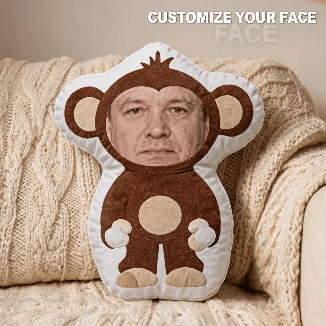 Custom Face Monkey Costume Shaped Pillow, Personalized Photo Decorative Cushion with Funny Expression, Unique Home Decor Accent