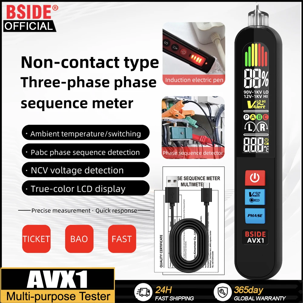 

BSIDE AVX1 Voltage Detector Tester Phase Sequence Smart NCV Live Wire Check Meter