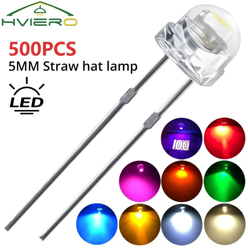 

500Pcs Wide Angle Bulb F5 5mm 3V Direct Insertion Straw Hat Water Clear Emitting Diodes Ultra Bright White Blue Green Yellow Red