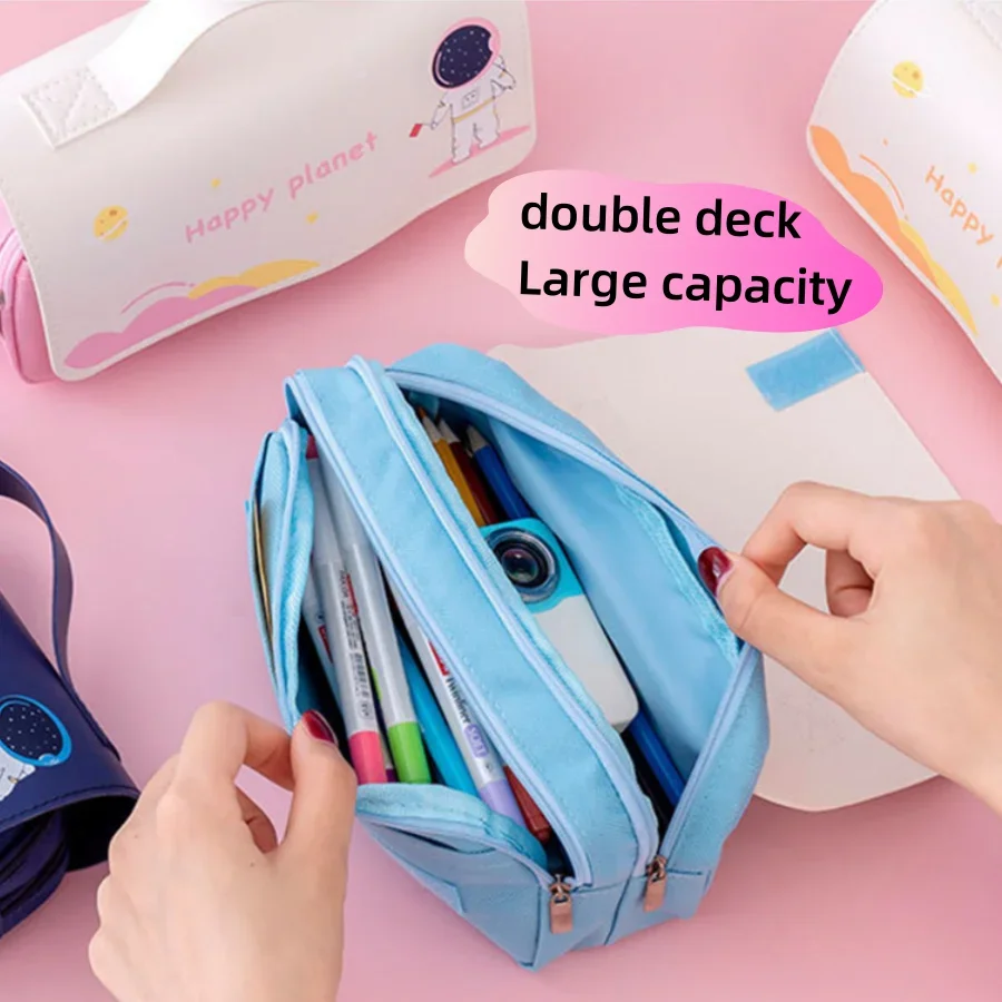 Kawaii Pencil Case Double Deck Large Capacity Pen Pouch Waterproof Washable Leather Pen Box School Office Supplies Stationery