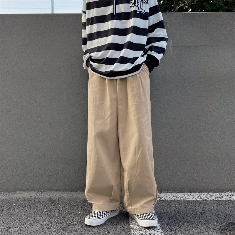 

2023 Men Spring Autumn Retro High Street Loose Cargo Pants Male Solid Straight Casual Pants Men Loose Wide-leg Trousers F571