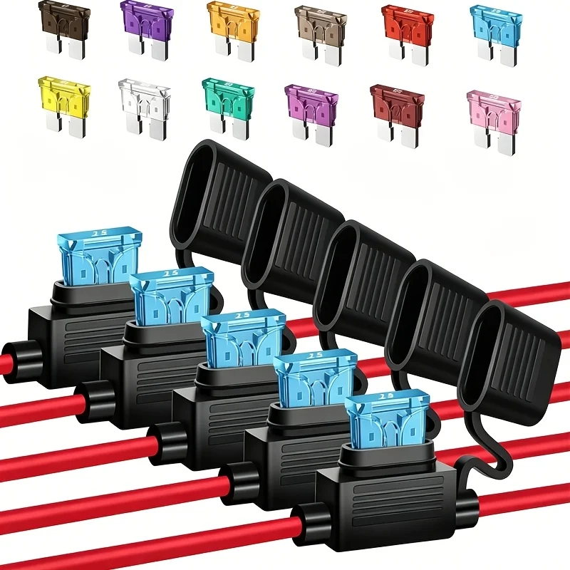 AGASHE 5Pcs 12AWG Inline Fuse Holders | 60Pcs 2A-50A Assorted Blade Fuses, Heavy Duty for Auto, RV & Motorcycle