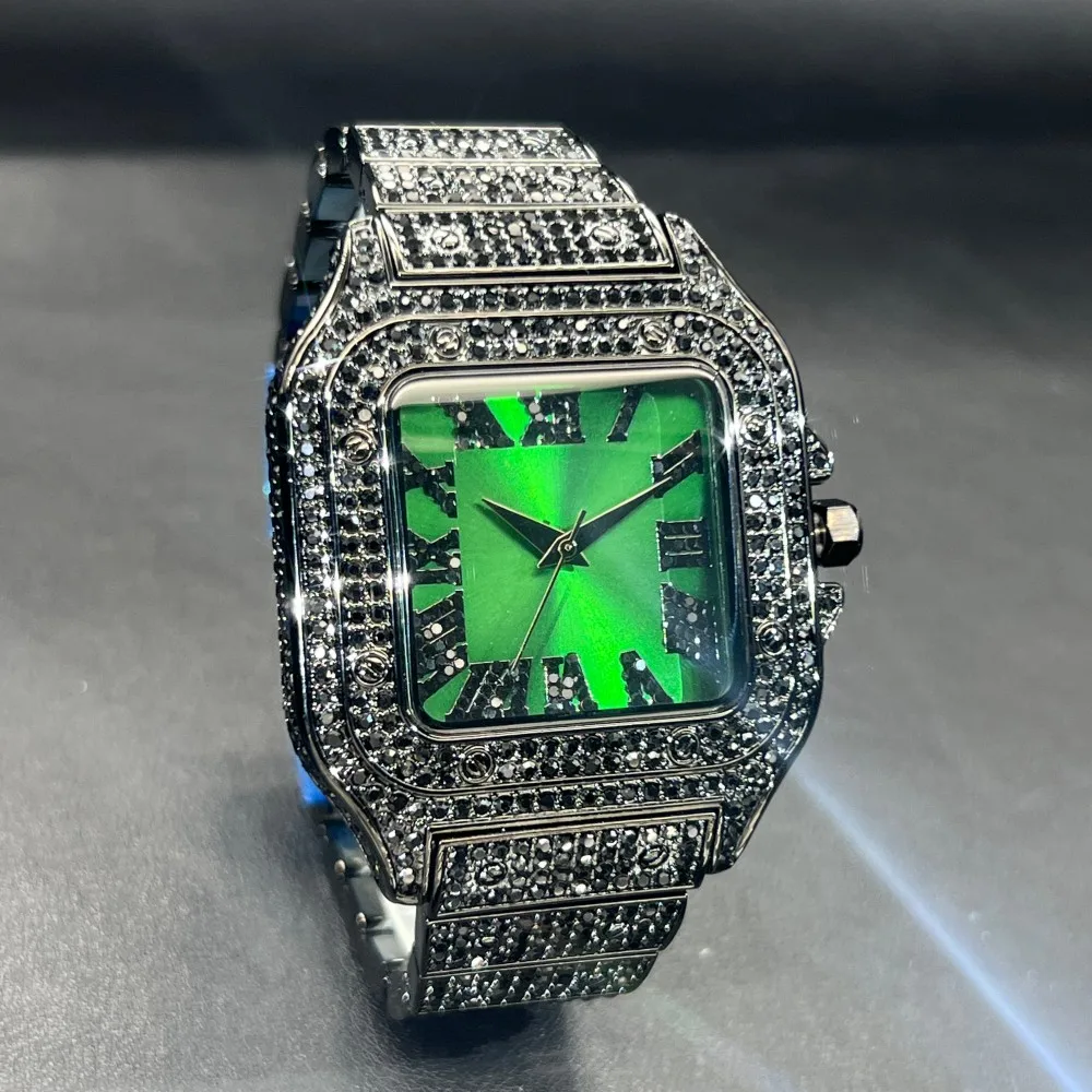 MISSFOX Brand Watch for Men Big Green Dial Quartz Clock Luxury Rhinestone Hip Hop Jewelry Wristwatches Relogio Masculio Hot Sale