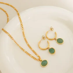Green Aventurine Pendant Necklace Earrings For Women Stainless Steel Gold Plated Bohemia Women's Necklaces Earring Jewelry Set
