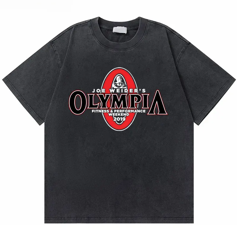 Washed Vintage Olympia Gym Skeleton Fitness Double Sided Print Tshirt Men Women Causal Cotton T Shirt Male Fashion Brand T-shirt