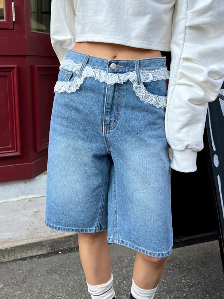 Lace Jeans Bermuda Women High Waist Wide Leg Capris Pocket 2024 Blue Shorts Teen Girls Summer Beach Loose Casual Denim Shorts