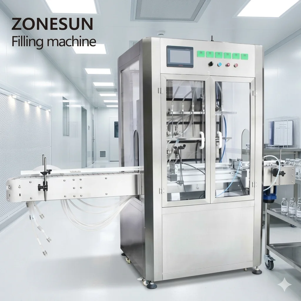 ZONESUN ZS-VTMP80D Auto 6 Heads Liquid Filling Machine with Dust Shield Cover Bottle Jar Filler  Water Juice Wine Beverage Oil