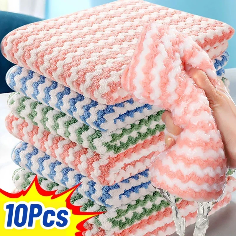 10/1pcs Coral Fleece Dishcloths Super Absorbent Cleaning Cloths Scouring Pads Kitchen Washing Dish Rags Glass Windows Wipe Towel