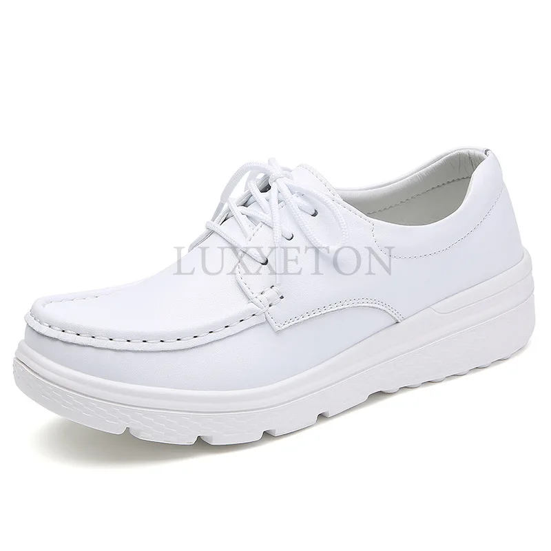 Women Walking Shoes Loafers Wedge Heels Slip Ons Thick Soles Versatile and Comfortable Nurse Work Shoes White