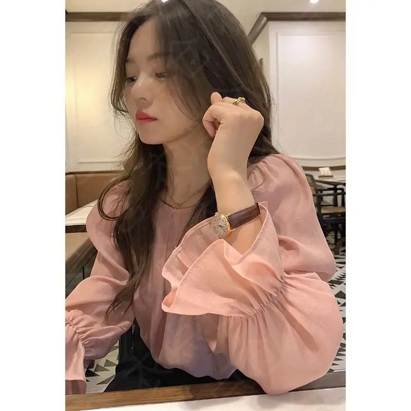 Spring New Year Pink Shirt Women with A Niche Design Retro Hong Kong Style Flared Sleeves Thin and Chic Top