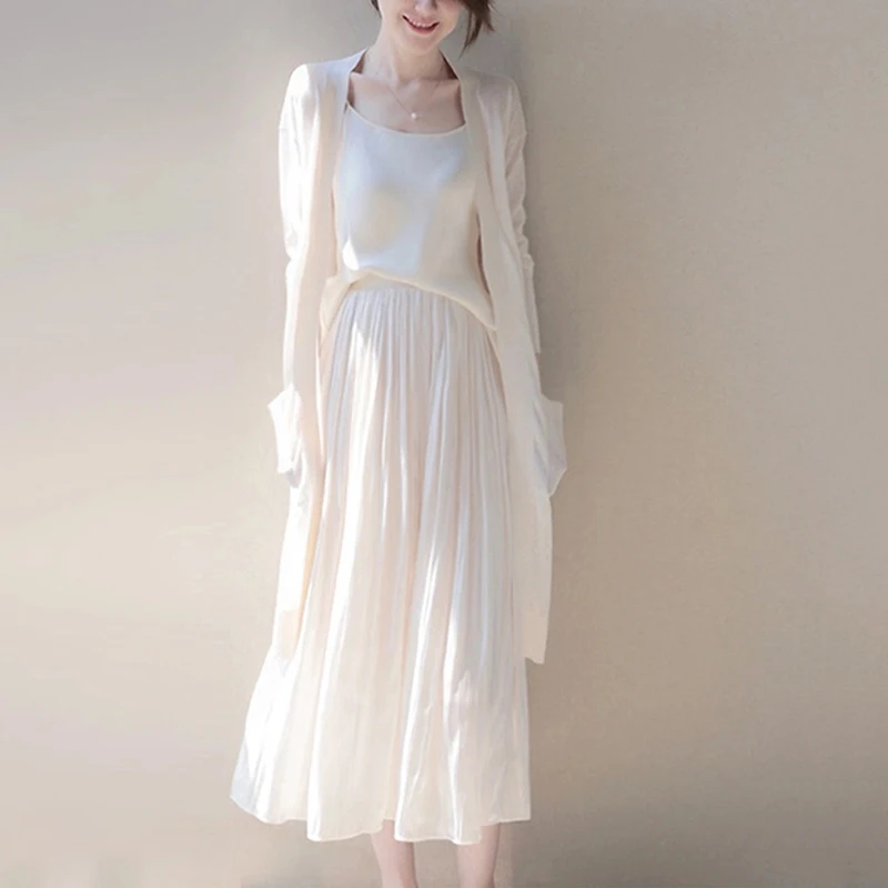

Loose High Waist Pleated Skirt Light Maturi Sle Early Autumn f Body Silk Dring Korean Sle Commute Print Gown