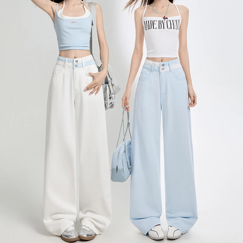 فضفاض عادية واسعة الساق الدنيم السراويل الصيف جديد رقيقة 100% القطن المرأة عالية الخصر Y2K التباين خياطة كل مباراة فضفاض الجينز