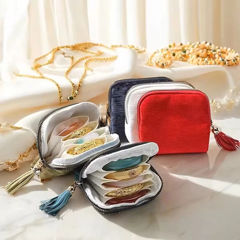 Portable Travel Jewelry Organizer Pouch, Zipper Jewelry Storage Bag with Tassel, Divided Soft Lining Case for Rings Bracelets