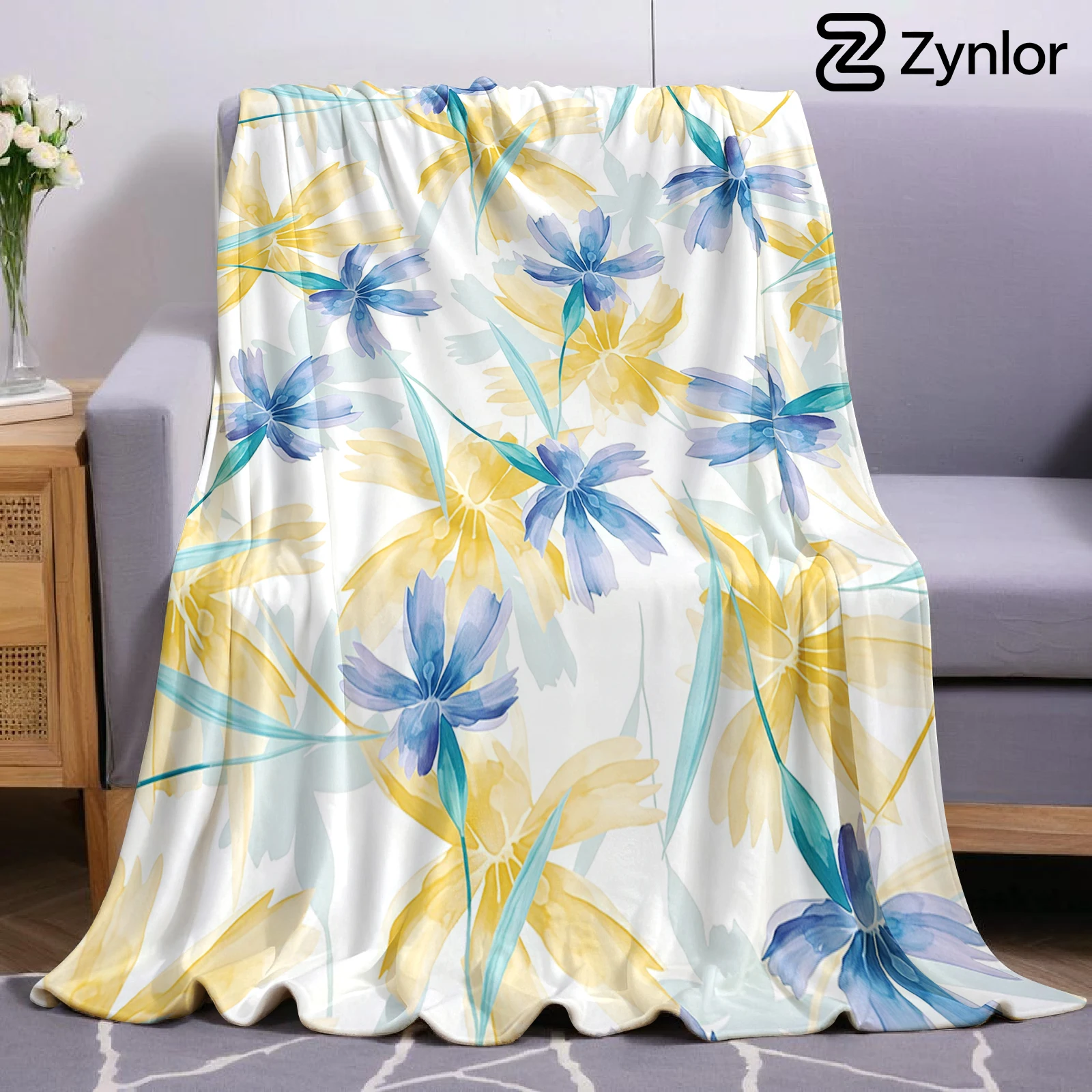 Blue Yellow Floral Ultra Soft Sherpa Fleece Blanket Fluffy Warm Halloween Cozy Throw for Sofa Couch Bedroom Gift All season
