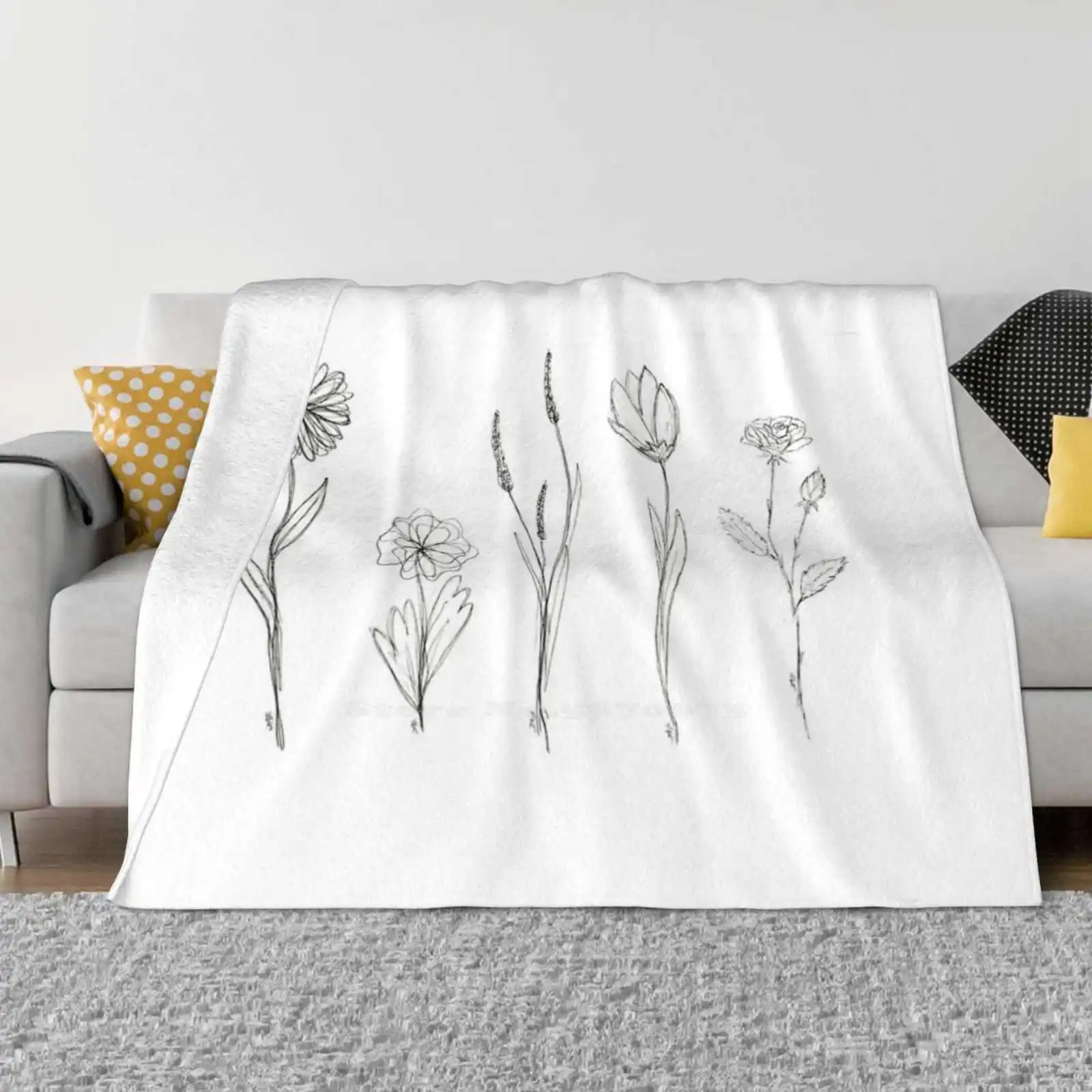 Art Top Quality Comfortable Bed Sofa Soft Blanket Flowers Roses Daisy Daisies Lavender Tulips Line Simple Minimalistic White