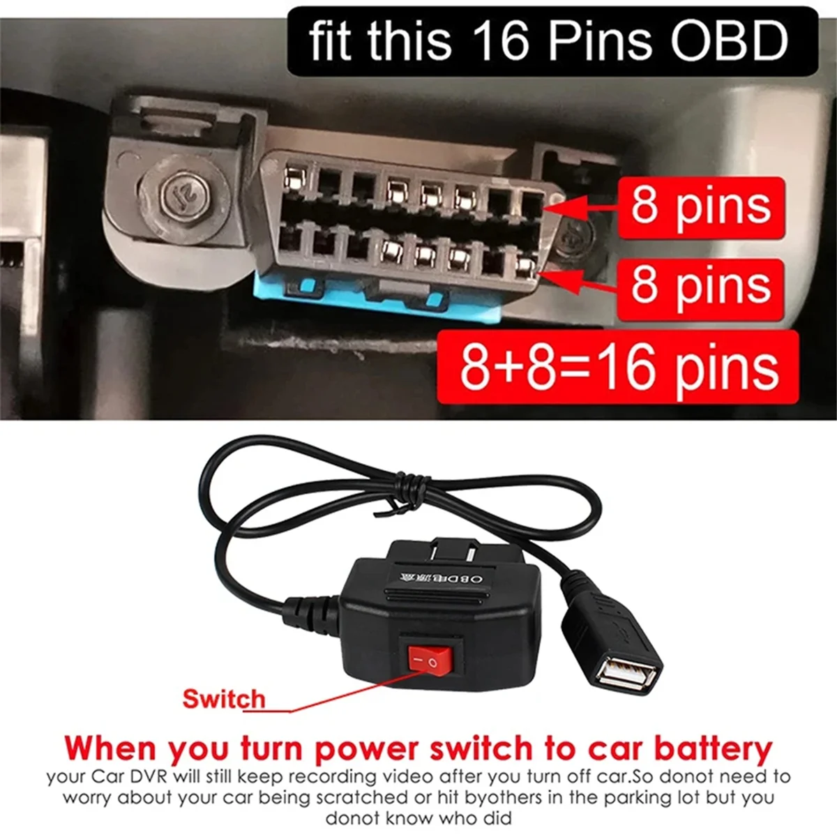 저용량 보호 차량 DVR 하드 와이어 키트, USB 포트 차량 충전 케이블, OBD 대시캠, 24 시간 주차 모니터링 액세서리, 5V 3A, 신제품