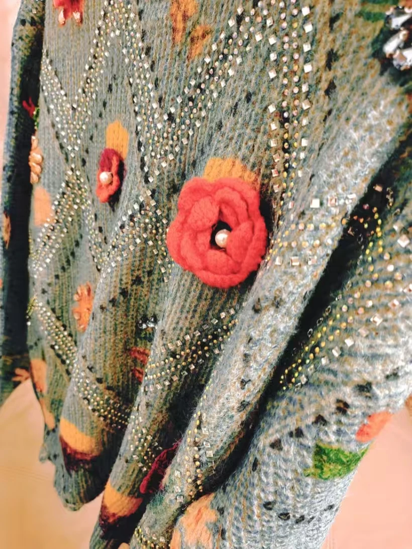 

Real Photos Sparkling Crystal Stones Stitch Sweater for Women Autumn/Winter Trend Knit Outwears Knitwear Pullovers pulls femmes