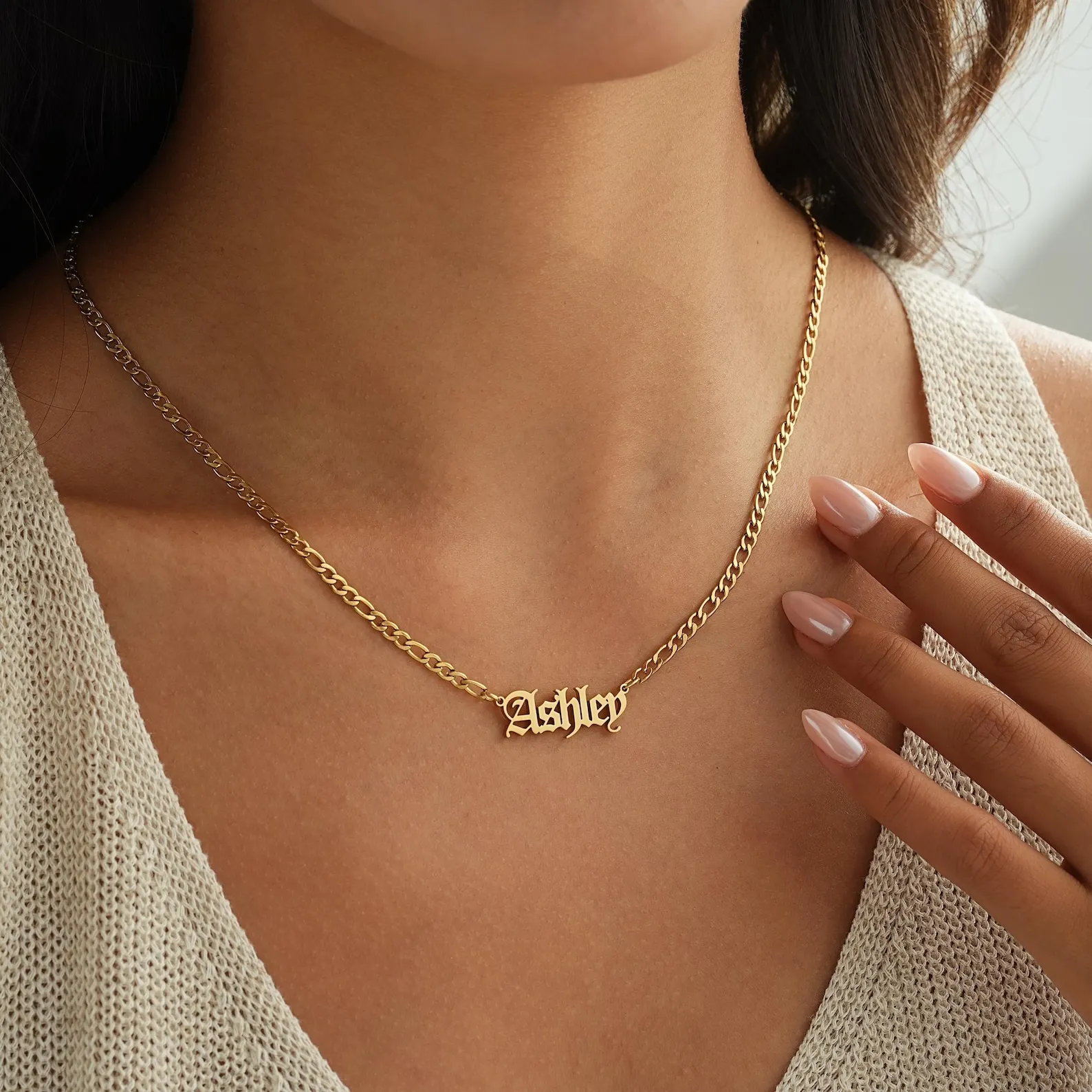 Personalized Old English Name Necklace with Figaro Chain Stainless Steel Customized Gothic Name Necklace Gold Custom Necklace