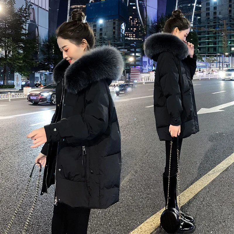 2023 New Women Down Cotton Coat Winter Jacket Female Big Fur Collar Loose Parkas High-end Hooded Outwear Plush Thick Overcoat