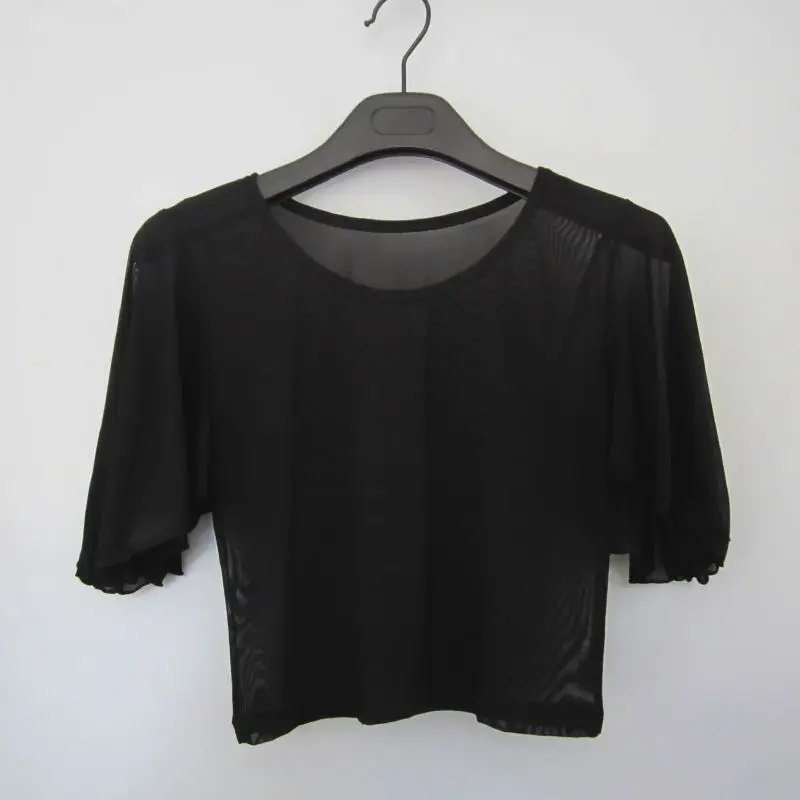 Single layer transparent mesh bottom shirt for women with exposed navel, t-shirt with thin gauze top and short sleeves