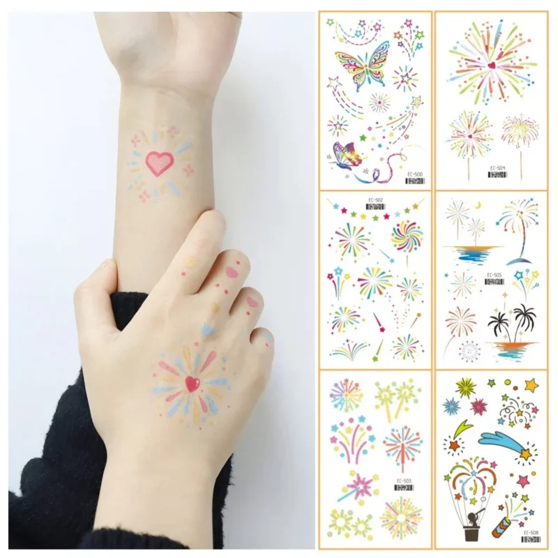 

Colorful Rainbow Fireworks Temporary Tattoo Sweet heart Cartoon Stickers for Party Make-up temporaire Disposable faux tatouage