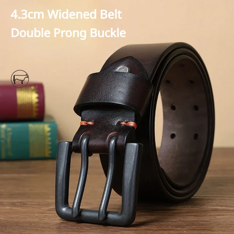 4.3CM Widened Leather Belt 4MM Thick Double Prong Buckle Design Men's Genuine Leather Special Forces Belts