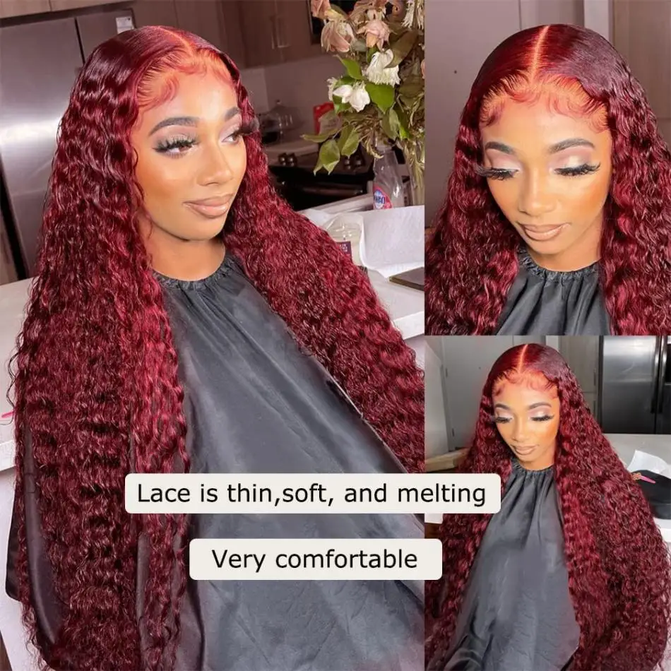 HD Lace Frontal Wig 13x4 13x6 Burgundy Colored Curly Wigs Human Hair Wig 100% 30 40 Inch Deep Wave For Women Lace Front Wigs