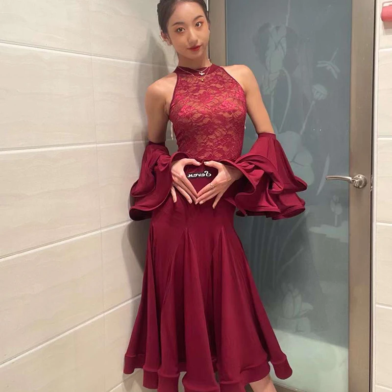 Women Ballroom Dance Dress Sleeveless Red Modern Dance Dress Waltz National Standard Dance Clothes Competition Dress DN11259