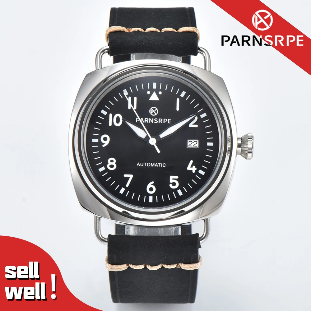 

PARNSRPE 45mm Sapphire NH35 Watch Men Automatic Luxury Sport Design wristwatch Classic retro square shell Leather strap