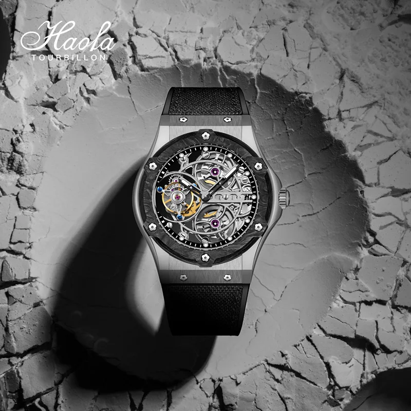 Haofa Skeleton Tourbillon Watch for Men Manual Movement Mechanical Watch Carbon Fiber Bezel Sapphire Luxury Business Watch 1918