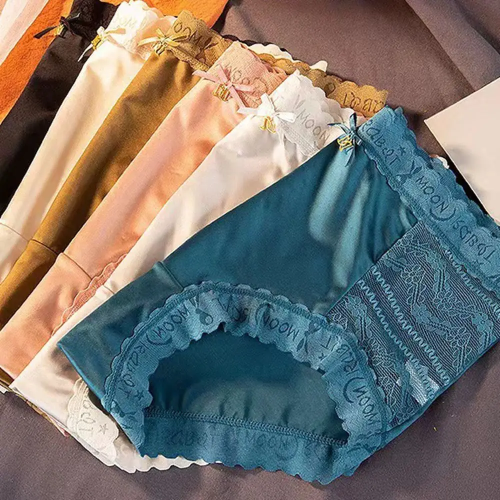 

Elegant Satin Silk Lace Flower Briefs Mesh Mid Waist Ice Silk Panties Ultra-thin Underpants Women's Underwear Female