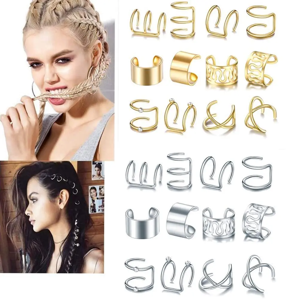 Hair Braid Ear Cuffs 24Pcs Gold Silver Non Piercing Beads for Beard Mustache Sleeve Clips Women Styling Accessories Premium