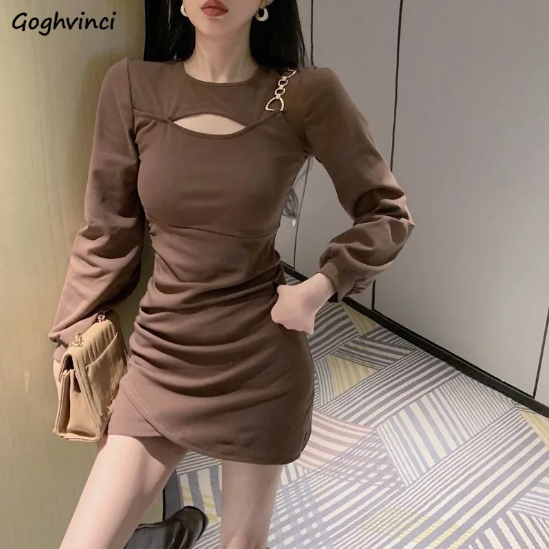 O-neck Dresses Women Hollow Out Chain Design Fashion Mini Ladies Autumn Simple All-match  Korean Style Inside Chic Long Sleeve