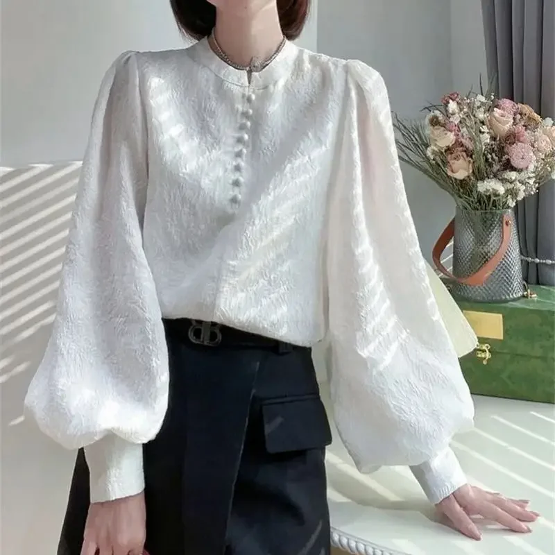 Fashion White Jacquard Shirt for Women's Stand Collor Button Elegant French Blouse Autumn Lantern Sleeve Loose Top Luxury