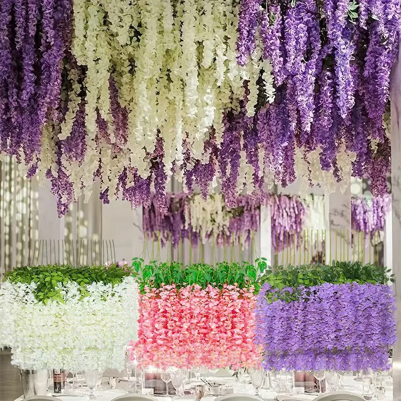 6/12PCS Artificial Wisteria Flowers 110cm Trailing String Ratta Thick Silk Vine Hanging Garland for Home Party Wedding Decora