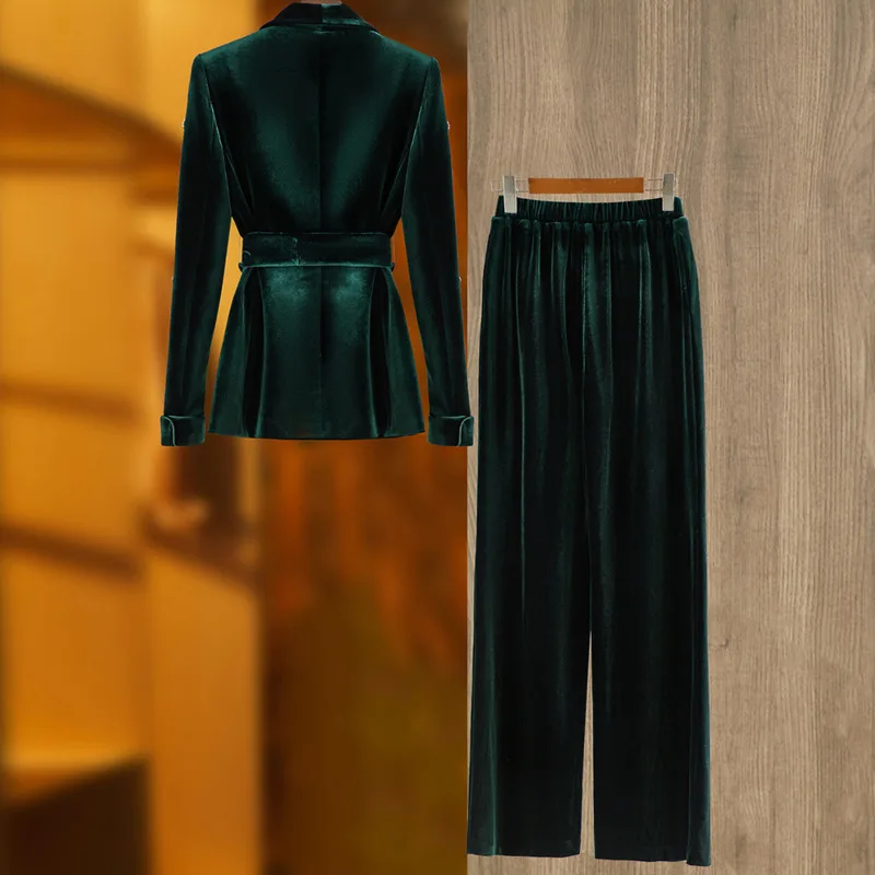 HKSH ربيع الخريف جديد المرأة قطعتين مجموعة المخملية مطرز حزام السترة مرونة الخصر بنطال ذو قصة أرجل واسعة الاتجاه الأنيق دعوى HK14479