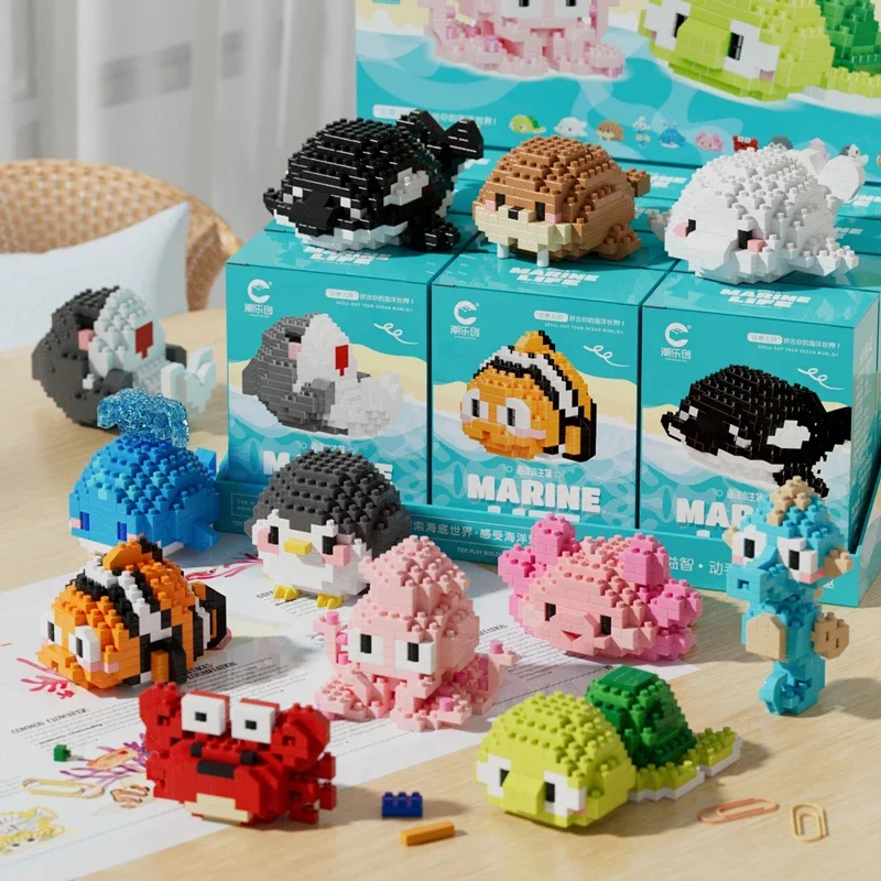 New marine life series building blocks turtle, beluga, seahorse, crab, octopus, shark, clown fish, killer whale assembled toys