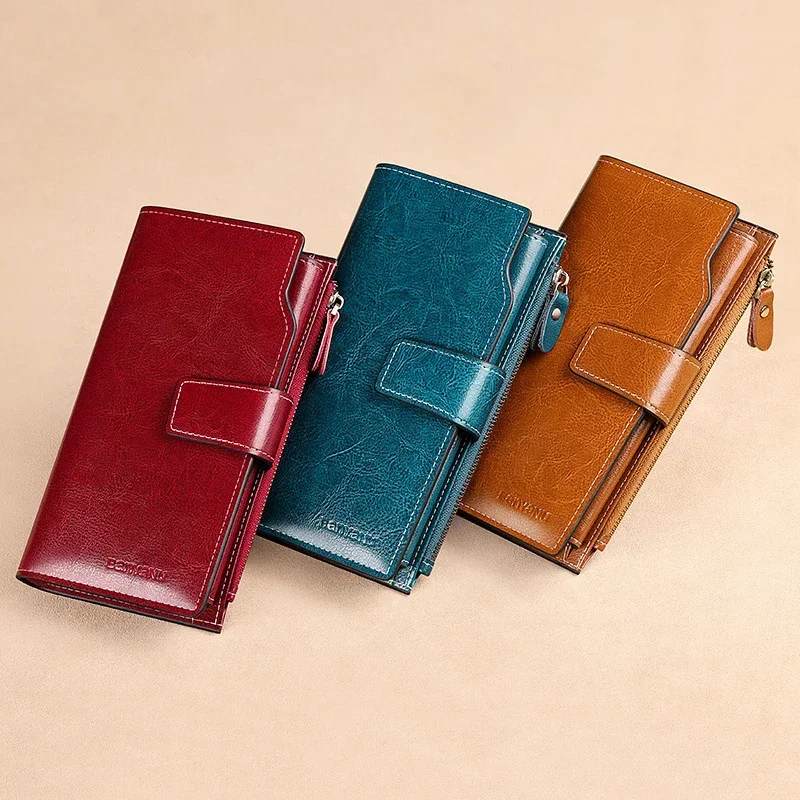 Luxury Genuine Leather Long Wallet for Women Large Capacity Card Holder Coin Purse Multi-Compartment Clutch Phone Bag Red Wallet