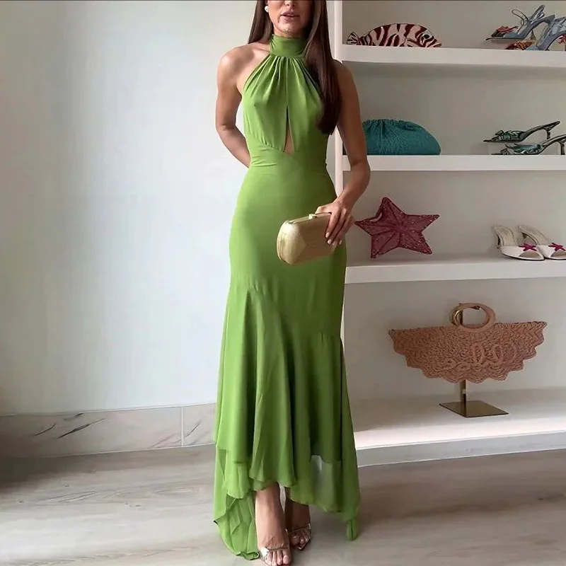 Spring Turtleneck Lace Up Evening Dress Woman Elegant Solid Slim Ruffle Irregular Dress Summer Backless Hollow Boho Long Dresses