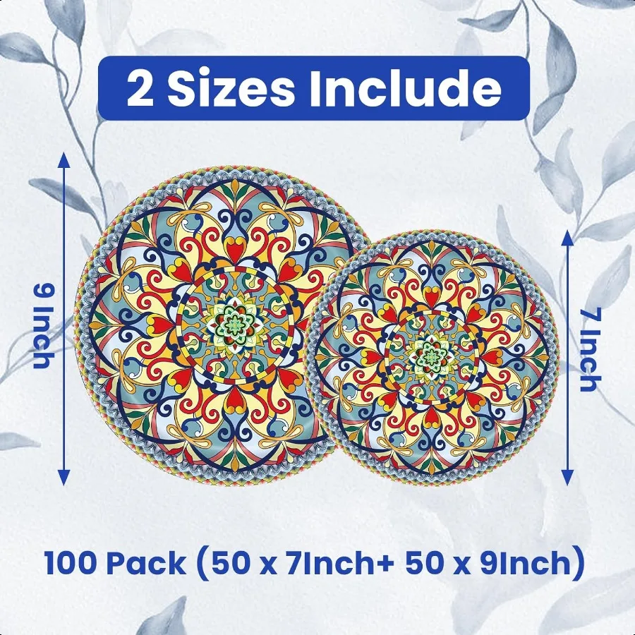 100PCS Boho Paper Plates 50×7 Inch 50×9 Inch  Bohemian Style  Plates Dert Party Dinner Plates Dinnerware Plate Set for Birthday